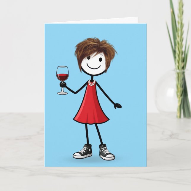 Tarjeta Chica de palitos de cumpleaños con copa de vino (Anverso)