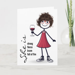 Tarjeta Chica de palitos de cumpleaños con copa de vino