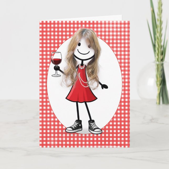 Tarjeta Chica de palitos de cumpleaños con copa de vino (Anverso)
