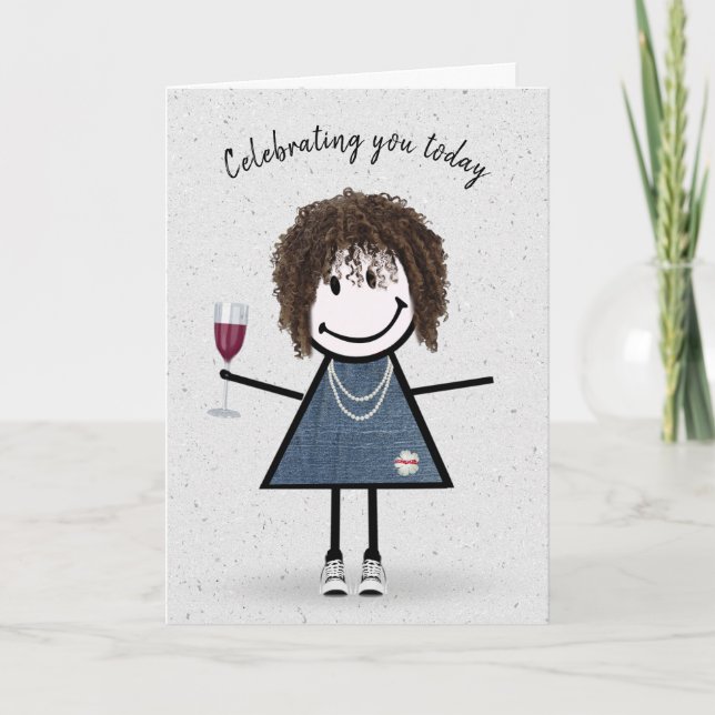 Tarjeta Chica de palitos de cumpleaños con copa de vino  (Anverso)