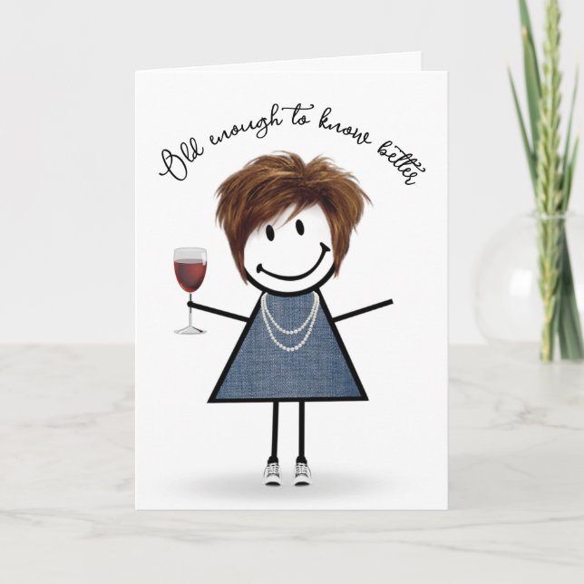 Tarjeta Chica de palitos de cumpleaños con copa de vino (Anverso)