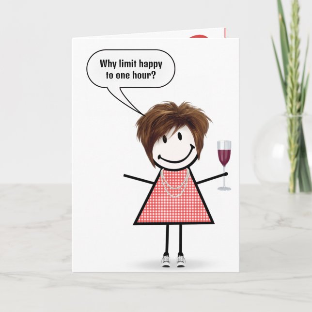 Tarjeta Chica de palitos de cumpleaños con copa de vino (Anverso)