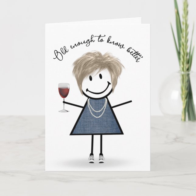 Tarjeta Chica de palitos de cumpleaños con copa de vino (Anverso)