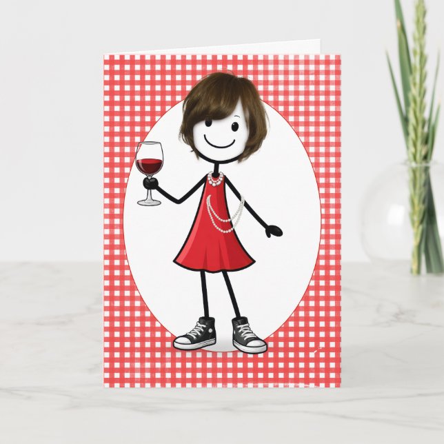 Tarjeta Chica de palitos de cumpleaños con copa de vino (Anverso)