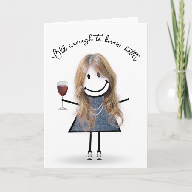 Tarjeta Chica de palitos de cumpleaños con copa de vino (Anverso)