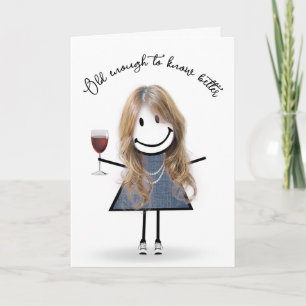 Tarjeta Chica de palitos de cumpleaños con copa de vino