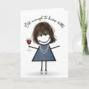 Tarjeta Chica de palitos de cumpleaños con copa de vino