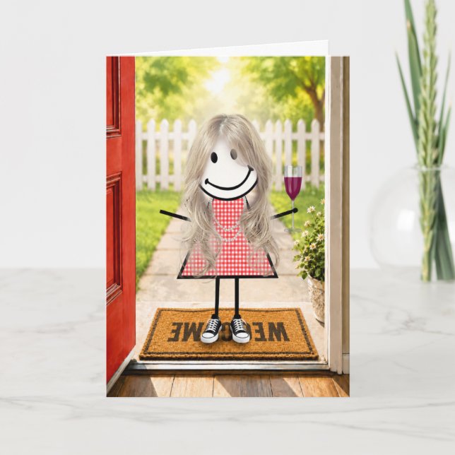 Tarjeta Chica de palitos de cumpleaños con copa de vino (Anverso)
