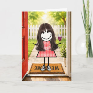 Tarjeta Chica de palitos de cumpleaños con copa de vino