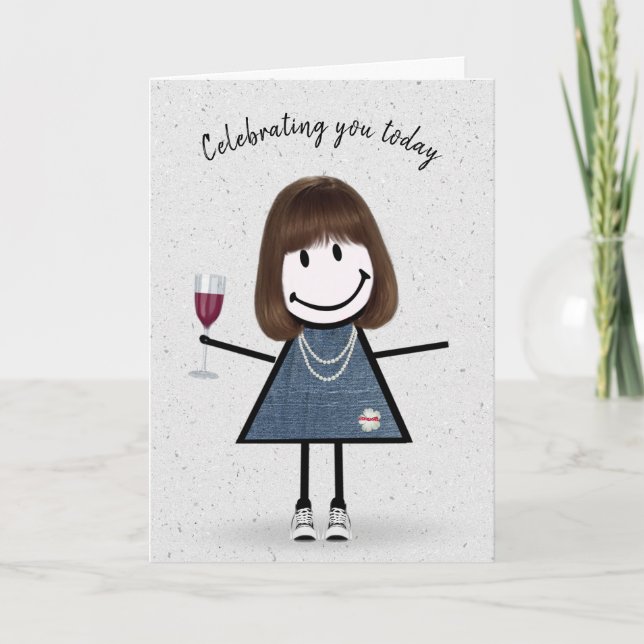 Tarjeta Chica de palitos de cumpleaños con copa de vino (Anverso)