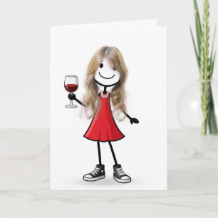 Tarjeta Chica de palitos de cumpleaños con copa de vino