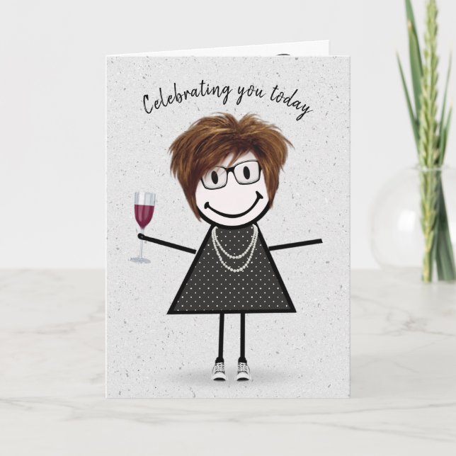 Tarjeta Chica de palitos de cumpleaños con copa de vino (Anverso)