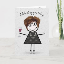 Tarjeta Chica de palitos de cumpleaños con copa de vino
