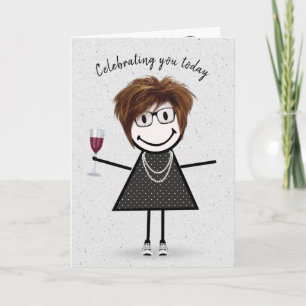 Tarjeta Chica de palitos de cumpleaños con copa de vino