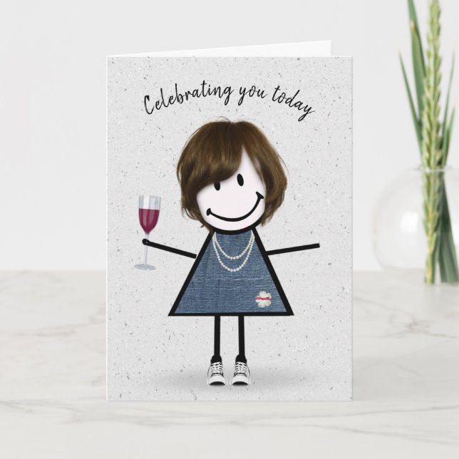 Tarjeta Chica de palitos de cumpleaños con copa de vino (Anverso)