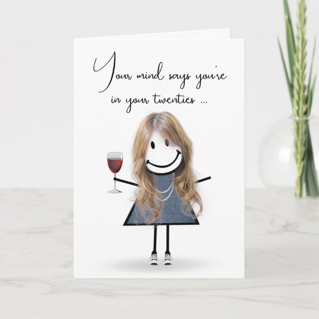 Tarjeta Chica de palitos de cumpleaños con vaso de vino  (Anverso)