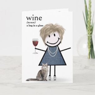 Tarjeta Chica de palitos de cumpleaños con vino y gato