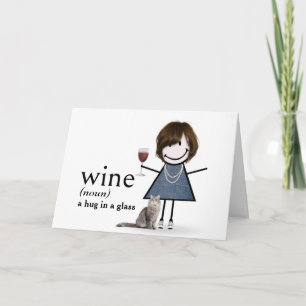 Tarjeta Chica de palitos de cumpleaños con vino y gato