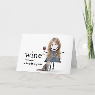 Tarjeta Chica de palitos de cumpleaños con vino y gato