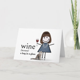 Tarjeta Chica de palitos de cumpleaños con vino y gato