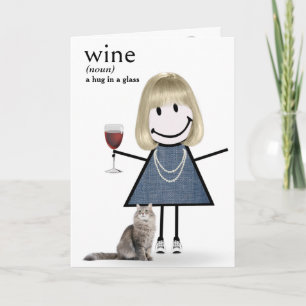Tarjeta Chica de palitos de cumpleaños con vino y gato