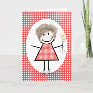 Tarjeta Chica de palitos de cumpleaños en gingham rojo