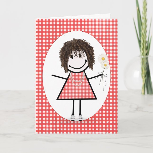 Tarjeta Chica de palitos de cumpleaños en gingham rojo (Anverso)