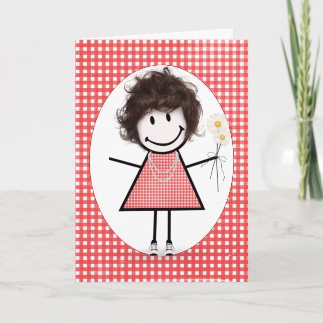 Tarjeta Chica de palitos de cumpleaños en gingham rojo (Anverso)