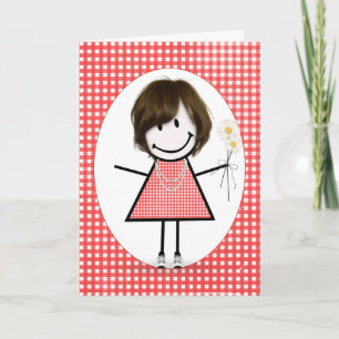 Tarjeta Chica de palitos de cumpleaños en gingham rojo
