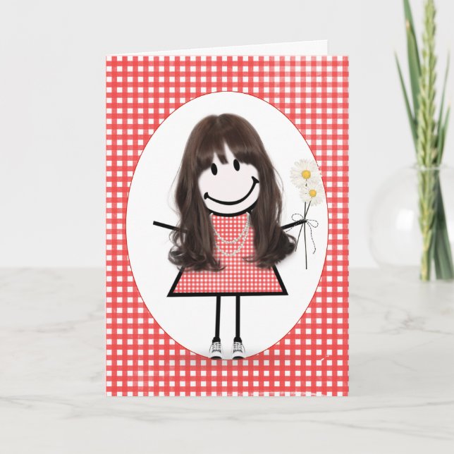 Tarjeta Chica de palitos de cumpleaños en gingham rojo (Anverso)