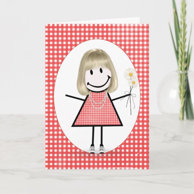 Tarjeta Chica de palitos de cumpleaños sobre gingham rojo (Anverso)