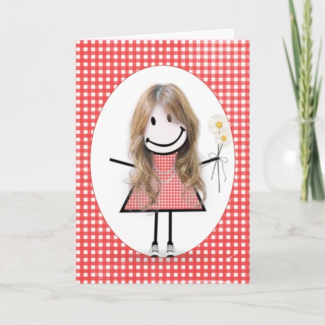 Tarjeta Chica de palitos de cumpleaños sobre gingham rojo (Anverso)