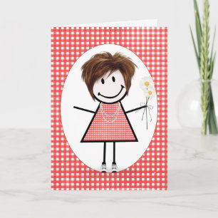 Tarjeta Chica de palitos de cumpleaños sobre gingham rojo