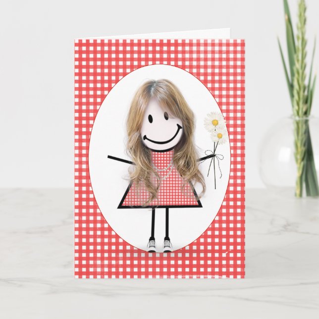 Tarjeta Chica de palitos de cumpleaños sobre gingham rojo (Anverso)