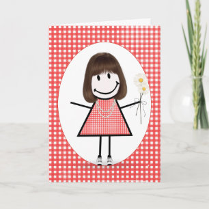 Tarjeta Chica de palitos de cumpleaños sobre gingham rojo
