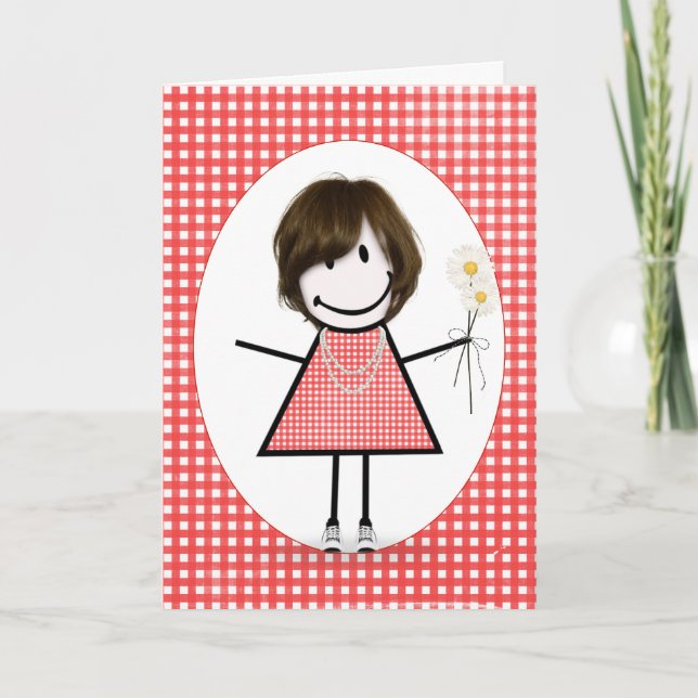 Tarjeta Chica de palitos de cumpleaños sobre gingham rojo (Anverso)