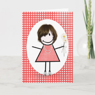 Tarjeta Chica de palitos de cumpleaños sobre gingham rojo