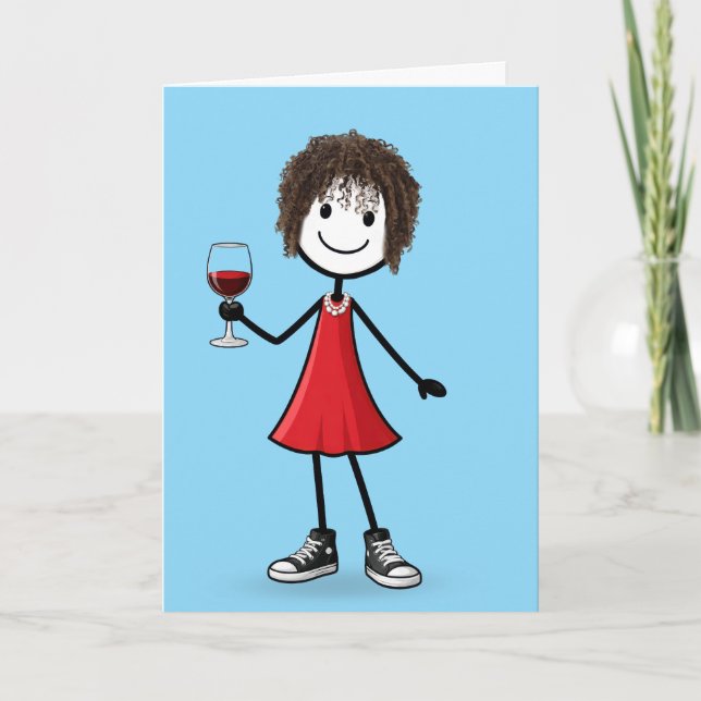 Tarjeta Chica de palitos en su cumpleaños con copa de vino (Anverso)