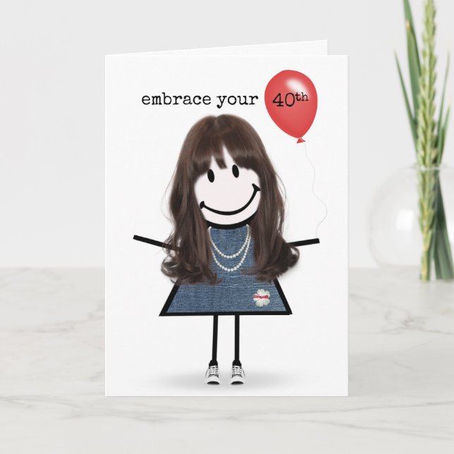 Tarjeta Chica de palitos para 40 cumpleaños con globo rojo (Anverso)