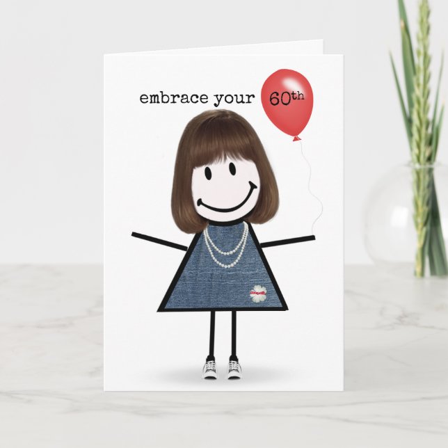 Tarjeta Chica de palitos para cumpleaños 60 con globo rojo (Anverso)