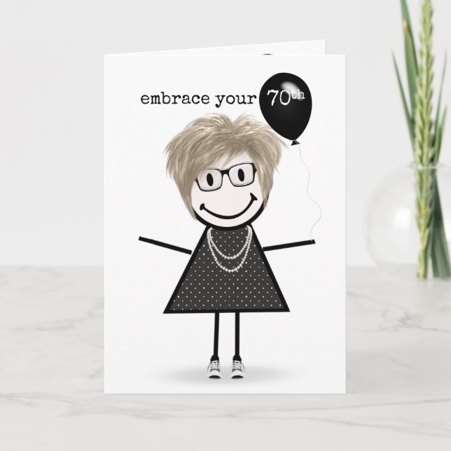 Tarjeta Chica de palitos para cumpleaños 70 con globo (Anverso)