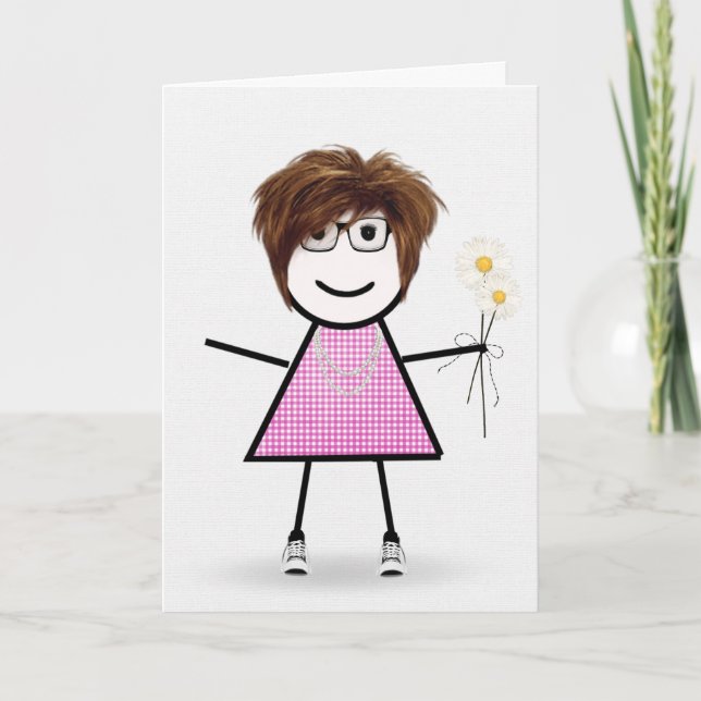 Tarjeta Chica de palo de cumpleaños con gingham y margarit (Anverso)