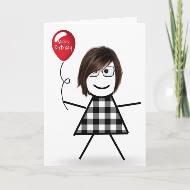 Tarjeta Chica de palo de cumpleaños con globo rojo (Anverso)
