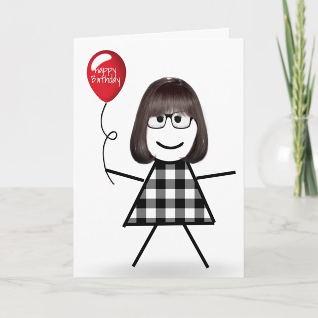Tarjeta Chica de palo de cumpleaños con globo rojo (Anverso)