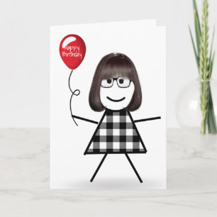 Tarjeta Chica de palo de cumpleaños con globo rojo