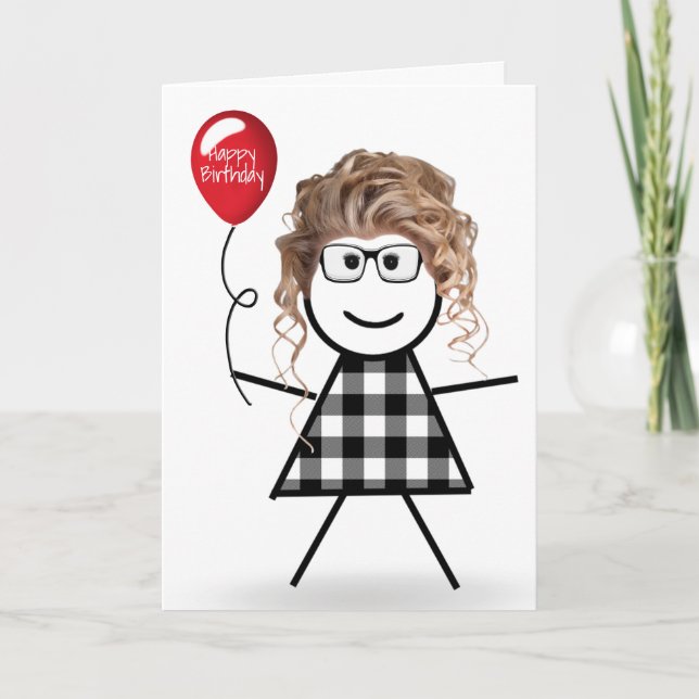 Tarjeta Chica de palo de cumpleaños con globo rojo (Anverso)