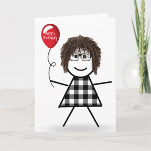 Tarjeta Chica de palo de cumpleaños con globo rojo