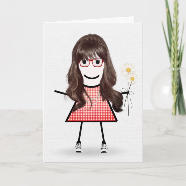 Tarjeta Chica de palo de cumpleaños con margaritas  (Anverso)