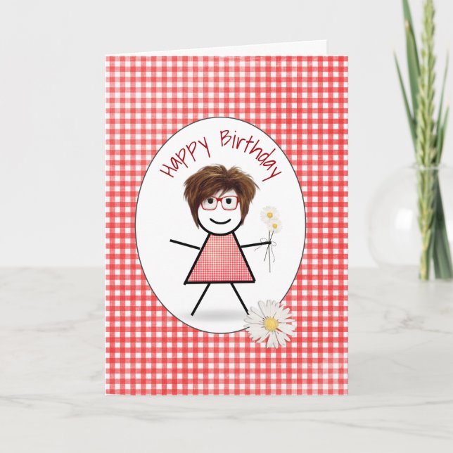 Tarjeta Chica de palo de cumpleaños con margaritas (Anverso)