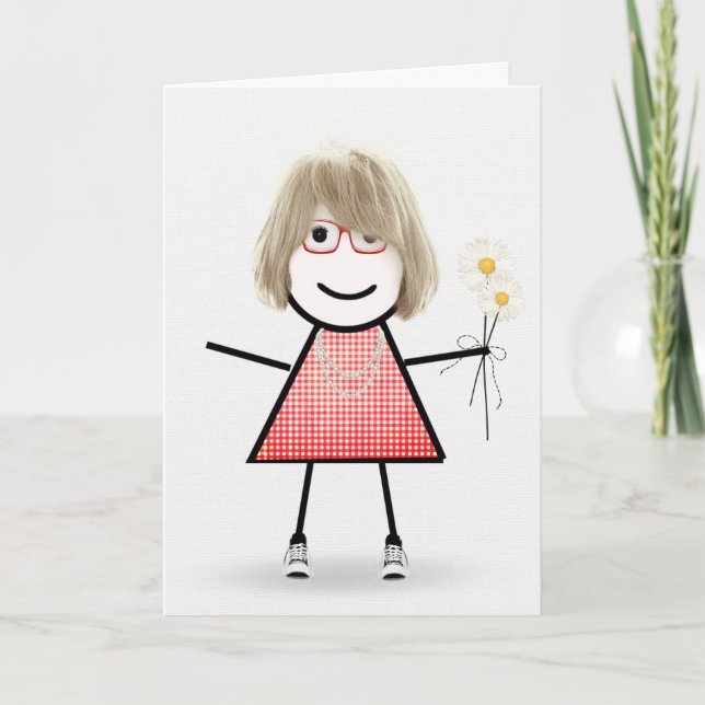 Tarjeta Chica de palo de cumpleaños con margaritas  (Anverso)